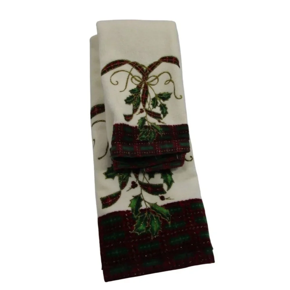 Lenox Holiday Christmas Towel Set Embroidered Holly Tartan Trim EUC